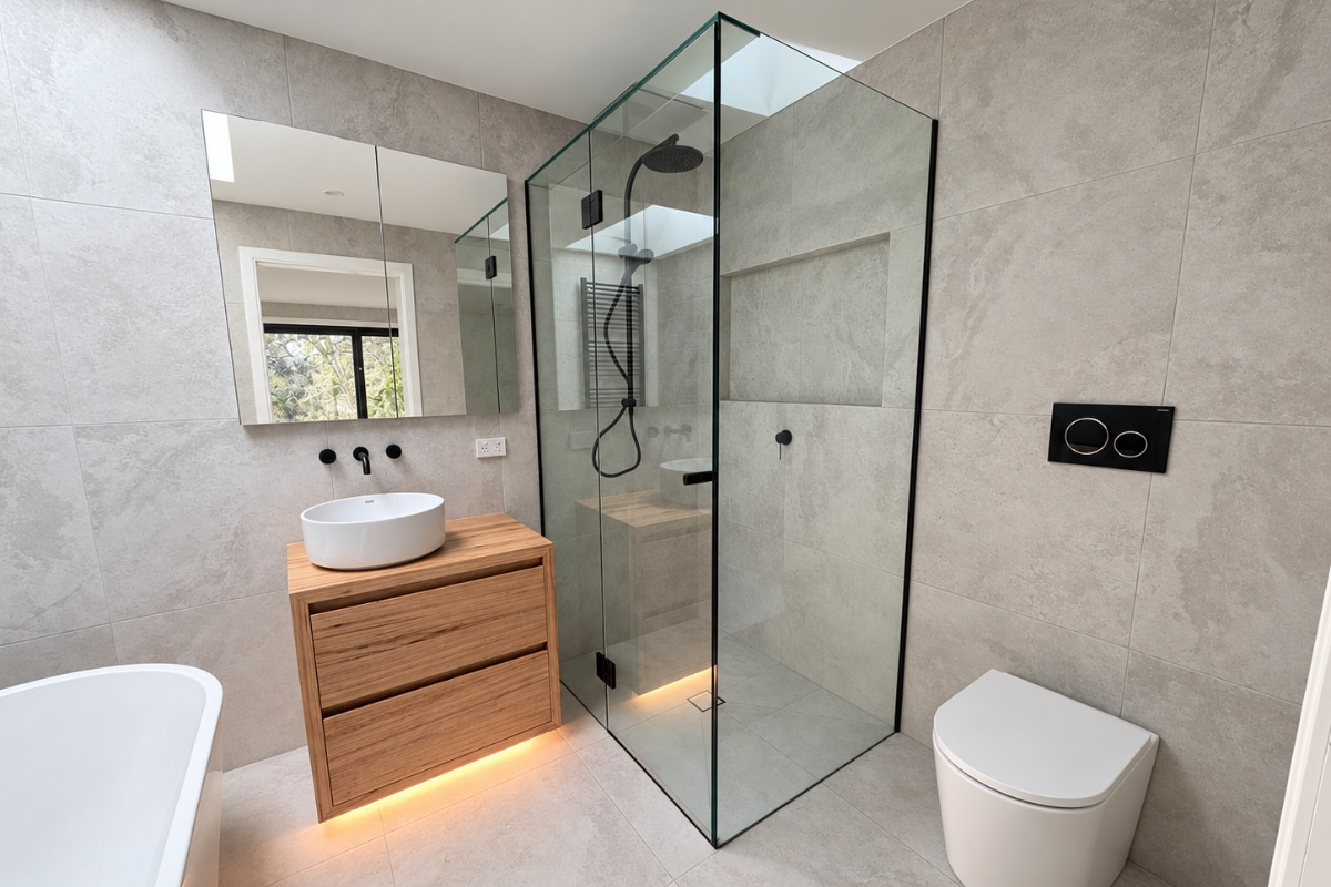 Master ensuite with freestanding bath and Velux skylight, Healesville
